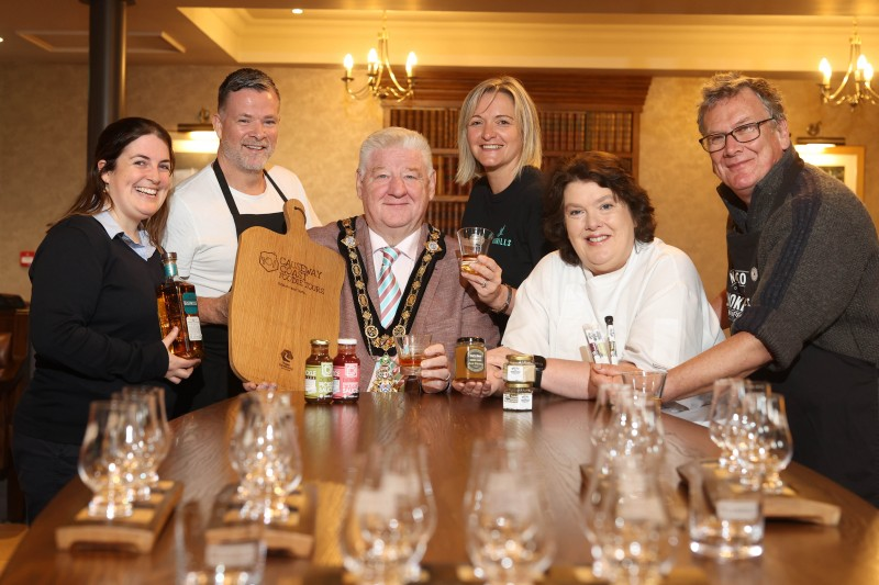 Pictured at the launch of the Bushmills Salmon and Whiskey Festival 2023 are Laura Adams from Bushmills Distillery, Gary Stewart, owner of Tartine at the Distillers Arms, Mayor of Causeway Coast and Glens, Councillor Steven Callaghan, Wendy Gallagher from Causeway Coast Foodie Tours, celebrity chef Paula McIntrye and Ruaridh Morrison, owner of North Coast Smokehouse.