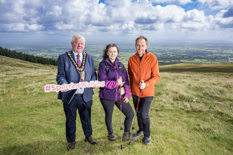 (L-R) Mayor of Causeway Coast and Glens Borough Council, Cllr Stephen Callaghan; Mairéad McCallion, Sperrins Walking Guide and Mark Strong, Coast and Countryside Officer, Causeway Coast and Glens Borough Council.