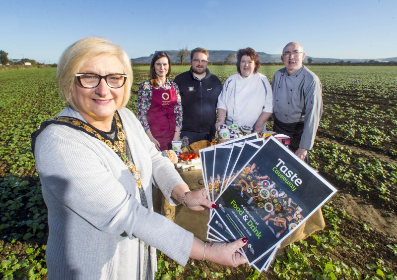 The Mayor of Causeway Coast and Glens Borough Council Councillor Brenda Chivers pictured at the launch of Taste Causeway, a new foodie celebration taking place across the Causeway Coast and Glens from November 10th - 18th alongside Leona Kane, Broighter Gold, Alastair Crown from Corndale Farm, local food ambassador Paula McIntyre and chef Stanley Matthews from The Lime Tree Restaurant in Limavady.