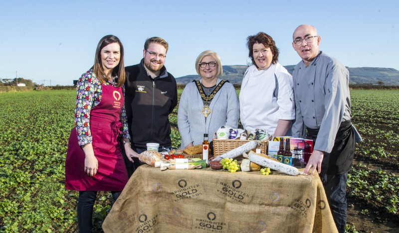 The beautiful Binevenagh mountain provided the background for the launch of Taste Causeway, a new culinary celebration taking place across the Causeway Coast and Glens from November 10th - 18th. L-R Leona Kane, Broighter Gold pictured on the family farm with Alastair Crown from Corndale Farm, the Mayor of Causeway Coast and Glens Borough Council Councillor Brenda Chivers, local food ambassador Paula McIntyre and chef Stanley Matthews from The Lime Tree Restaurant in Limavady.