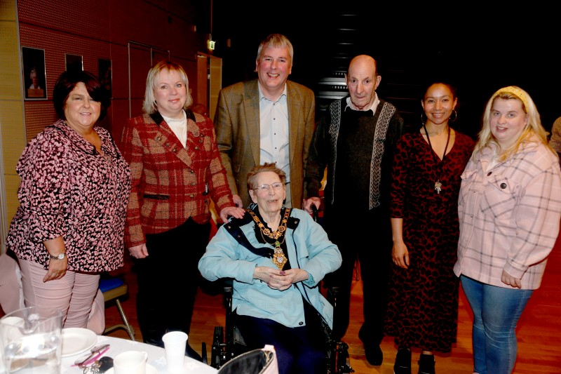 The Mayor of Causeway Coast and Glens Borough Council, Councillor Richard Holmes (centre), Alderman Michelle Knight McQuillan (second left) and Arts Officer Esther Alleyne (second right) pictured with some of the guests who enjoyed the recent Vintage Tea Dance at Roe Valley Arts and Cultural Centre, organised as part of Causeway Coast and Glens Borough Council’s Platinum Jubilee celebrations.