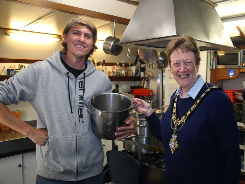 The Mayor of Causeway Coast and Glens Borough Council, Councillor Joan Baird OBE, pictured in the galley of the Thalassa with on-board chef, Jelle.