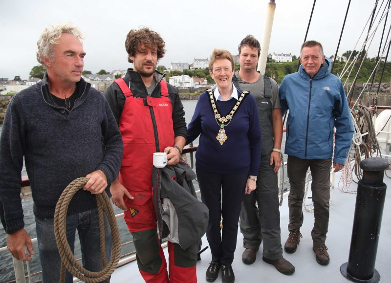 The Mayor of Causeway Coast and Glens Borough Council, Councillor Joan Baird OBE, pictured with crew members Rob Hulsbosch, Sam Duboes, Paul Lansbergen, and Hans Wijnands.