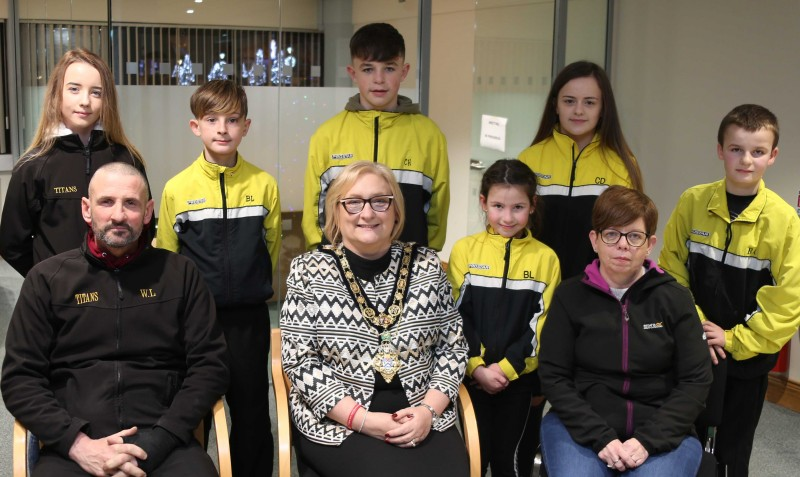 The Mayor of Causeway Coast and Glens Borough Council Councillor Brenda Chivers pictured with members of Limavady Titans Kickboxing Club at a recent civic reception held in their honour.