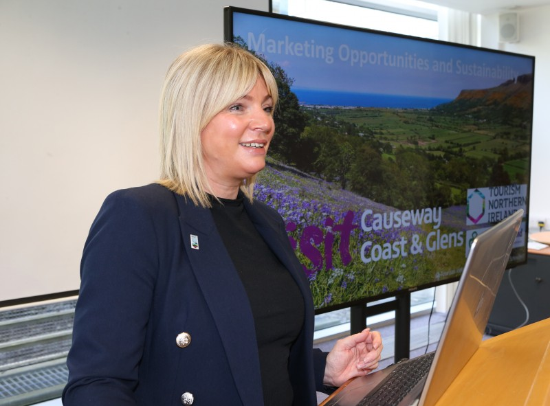 Nikki Paterson, Business Solutions Manager at Tourism NI was one of the speakers at a recent Council tourism event held in Cloonavin for local tourism businesses. Pictured here during her presentation at the tourism event.