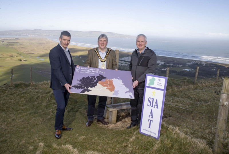 Pictured at Gortmore View Point along the stunning Bishop’s Road near Limavady for the official launch of the next phase of the International Appalachian Trail Ulster-Ireland are David Reid – Finance Director – DAERA Rural Affairs, the Mayor of Causeway Coast and Glens Borough Council Councillor Richard Holmes, and Councillor Dermot Nicholl (LAG Chair).