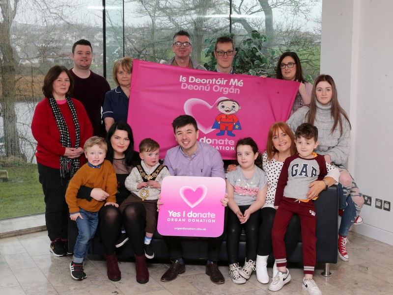 The Mayor of Causeway Coast and Glens Borough Council Councillor Sean Bateson pictured with Dáithí MacGabhann, his parents, grandparents and cousins at a special event held in Cloonavin for the Donate4Dáithí campaign which aims to raise awareness about organ donation and encourage more people to register as organ donors.