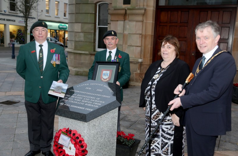 The Mayor of Causeway Coast and Glens Borough Council Alderman Mark Fielding and his wife Phyllis pictured at a presentation held in the Diamond, Coleraine to mark the 50th anniversary of the formation of the UDR Regiment along with Ian Davidson and Alan Campbell.