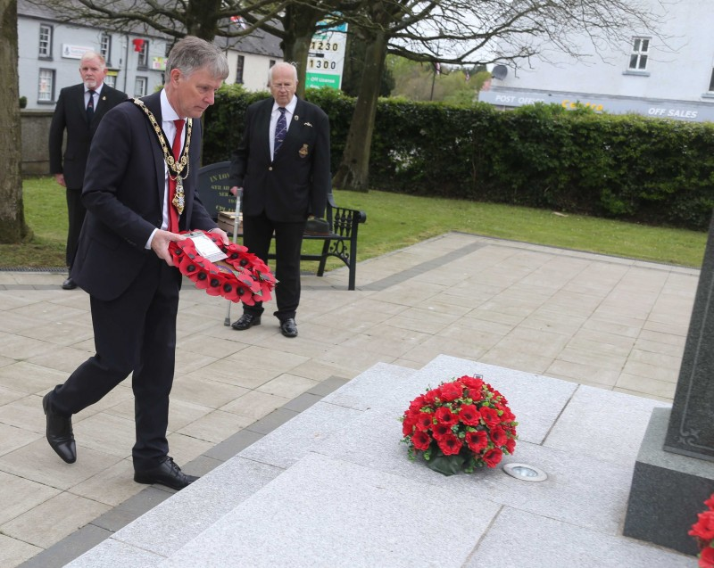 The Mayor of Causeway Coast and Glens Borough Council, Alderman Mark Fielding lays a wreath in remembrance of veterans of World War II in Dervock on VE Day