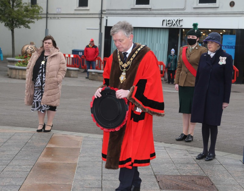 The Mayor of Causeway Coast and Glens Borough Council, Alderman Mark Fielding lays a wreath in remembrance of veterans of World War II in Coleraine on VE Day