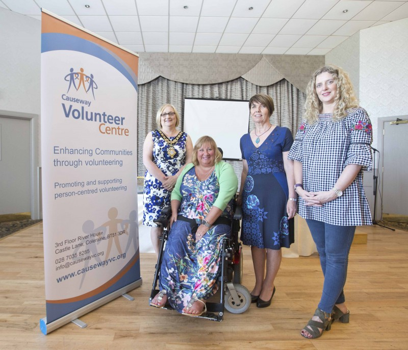 The Mayor of Causeway Coast and Glens Borough Council Councillor Brenda Chivers pictured with Joann Dunseith from Causeway Volunteer Centre, Mary Mc Nickle, Causeway Volunteer Centre Manager and Catherine Farrimond, Causeway Coast and Glens Borough Council's Community Development Officer at the volunteer celebration held during Volunteers' Week.
