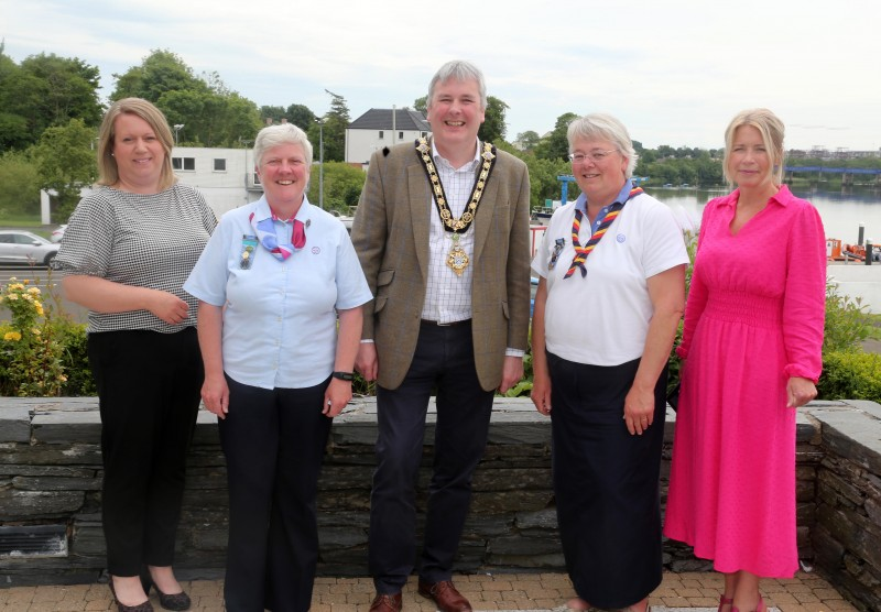 The Mayor of Causeway Coast and Glens Borough Council Councillor Richard Holmes pictured with Noeleen Fallis and Heather Daley from Girl Guides Londonderry, Community Development Manager Louise Scullion (left) and Head of Community and Culture Julie Welsh (right).