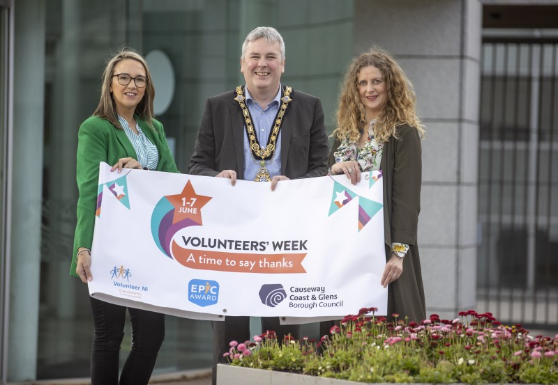 Announcing the plans for Volunteers Week at Causeway Coast and Glens Borough Council are (l-r): Ciara McNickle, Development Officer, Causeway Volunteer Centre, the Mayor of Causeway Coast and Glens Borough Council, Cllr Richard Holmes and Catherine Farrimond, Community Development Officer.