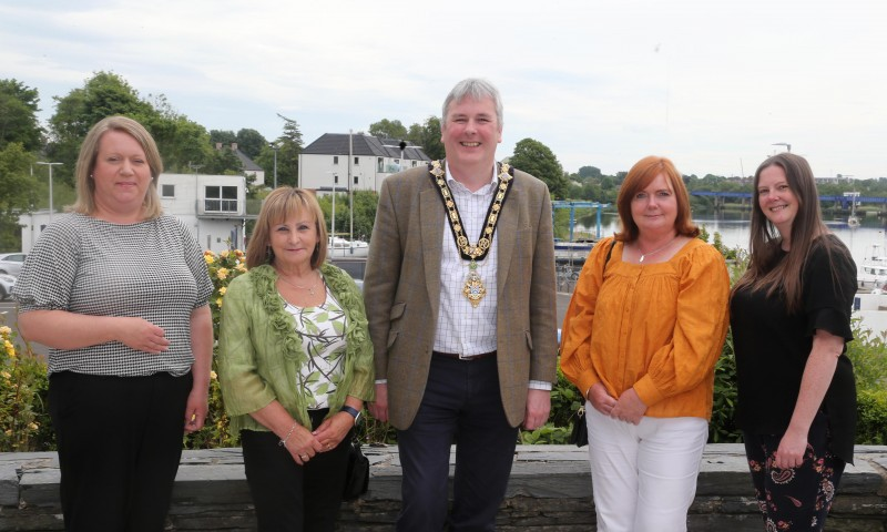 The Mayor of Causeway Coast and Glens Borough Council Councillor Richard Holmes pictured with Angela Boyle and Liz Byrne from Ballycastle Food Bank, Community Development Manager Louise Scullion (left) and Neighbourhood Renewal Coordinator Jenni Archer (right).
