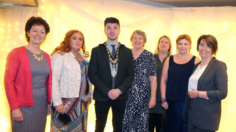 The Mayor of Causeway Coast and Glens Borough Council Councillor Sean Bateson pictured with Helen Mark, a recipient of the Queen’s Award for Voluntary Service to the community, Ashleen Schenning, Limavady Volunteer Centre, Lady Karen Girvan, a recipient of the Queen’s Award for Voluntary Service to the Community, Louise Scullion and Adele McCloskey, Causeway Coast and Glens Borough Council and Mary McNickle from Causeway Volunteer Centre at the Volunteers’ Week Celebration held in The Bushtown Hotel.