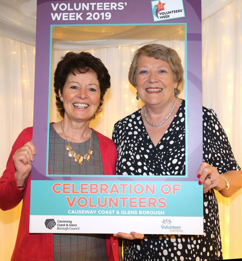 Helen Mark and Lady Karen Girvan, recipients of the Queen’s Award for Voluntary Service to the Community, pictured at the annual Volunteers’ Week celebration in The Bushtown Hotel.