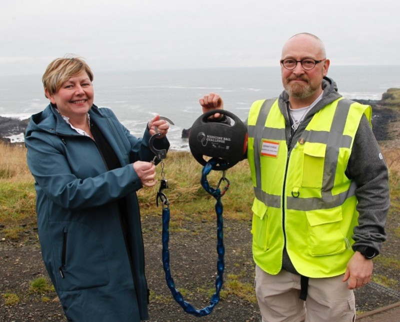 Causeway Coast and Glens Borough Council’s Veterans’ Champion Alderman Sharon McKillop pictured with Andrew Harney at the Giant’s Causeway on the final day of his Medicine Ball Challenge to raise funds and awareness of veterans’ mental health issues.