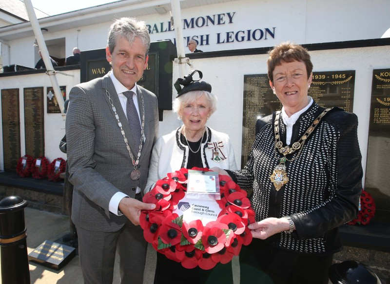 The Mayor of Rhenen pictured with the Lord Lieutenant for County Antrim Joan Christie CVO OBE and the Mayor of Causeway Coast and Glens Borough Council Councillor Joan Baird OBE at the war memorial in Ballymoney.