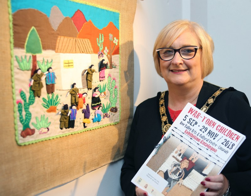 The Mayor of Causeway Coast and Glens Borough Council Councillor Brenda Chivers pictured at the launch of the War-Torn Children which is on display in Roe Valley Arts and Cultural Centre until November 29th.