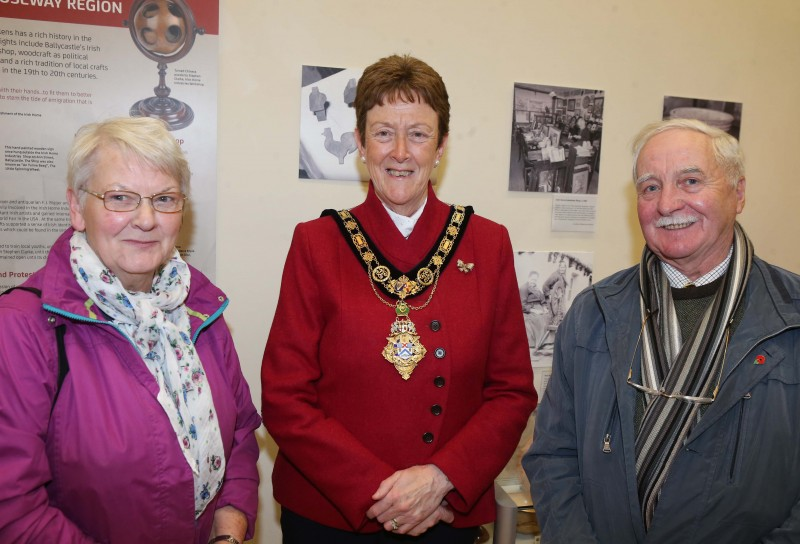 The Mayor of Causeway Coast and Glens Borough Council, Councillor Joan Baird OBE, pictured with Ken and Margaret Weir at the Annual Woodturning launch event in Ballymoney Museum.
