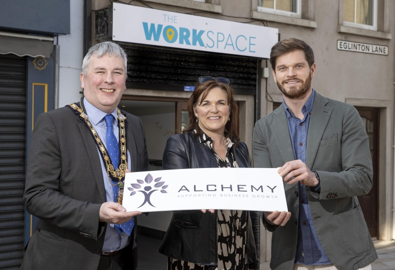 Celebrating the launch of The WorkSpace, Portrush’s new remote working hub, are (l-r) the Mayor of Causeway Coast and Glens Borough Council Councillor Richard Holmes, Julienne Elliott, Acting Head of Place and Prosperity and Ben Brennan, owner.