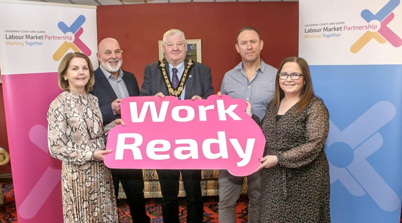 Pictured at the launch of the new Work Ready Programme are Chloe Stewart (Causeway Coast and Glens Labour Market Partnership), Dearbhaile Hutchinson (Causeway Coast and Glens Labour Market Partnership), Catriona Sweeney (North West Regional College Curriculum Manager), the Mayor of Causeway Coast and Glens Borough Council Councillor Ivor Wallace, Marie Donaghy, (Business Engagement Officer at Northern Regional College), and Marc McGerty (Causeway Coast and Glens Labour Market Partnership Manager).