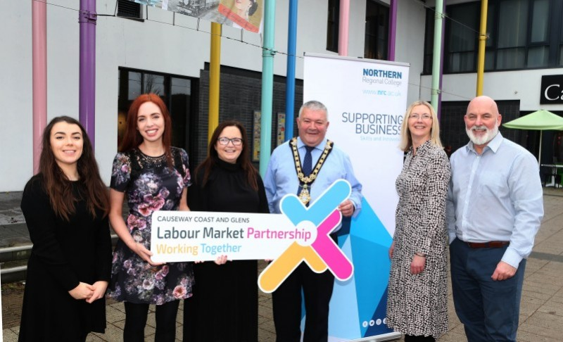 Pictured at the launch of the new Work Ready Programme are Chloe Stewart (Causeway Coast and Glens Labour Market Partnership), Dearbhaile Hutchinson (Causeway Coast and Glens Labour Market Partnership), Catriona Sweeney (North West Regional College Curriculum Manager), the Mayor of Causeway Coast and Glens Borough Council Councillor Ivor Wallace, Marie Donaghy, (Business Engagement Officer at Northern Regional College), and Marc McGerty (Causeway Coast and Glens Labour Market Partnership Manager).