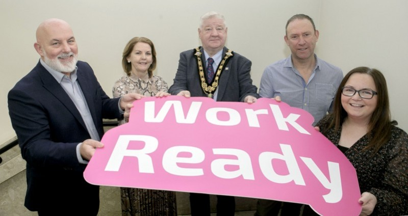 Marc McGerty, Causeway Coast and Glens Labour Market Partnership (LMP) manager; Gabrielle Quinn, Northern Regional College; Mayor of Causeway Coast and Glens, Councillor Steven Callaghan, Colin Mullan, LMP and Catriona Sweeney, North West Regional College.