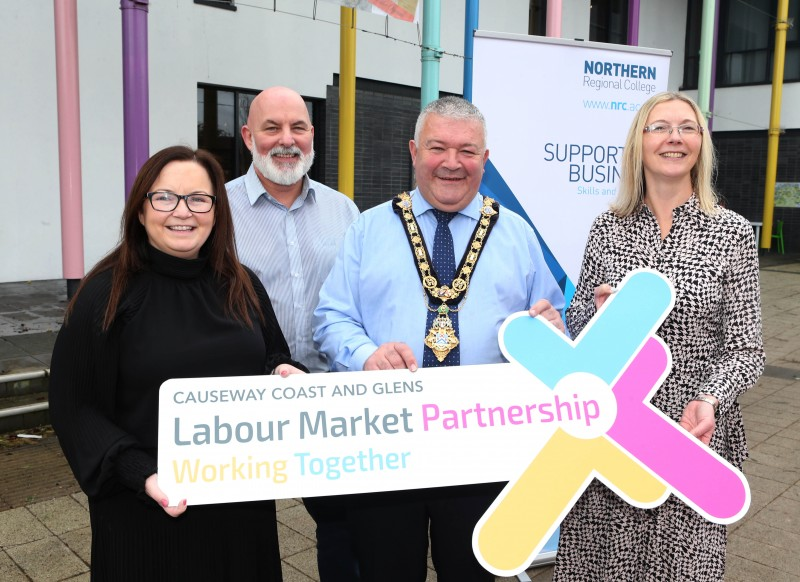 The Mayor of Causeway Coast and Glens Borough Council, Councillor Ivor Wallace, pictured at the launch of the new Work Ready Programme with North West Regional College Curriculum Manager Catriona Sweeney, Causeway Coast and Glens Labour Market Partnership Manager Marc McGerty, and Northern Regional College Business Engagement Officer at Northern Regional College Marie Donaghy