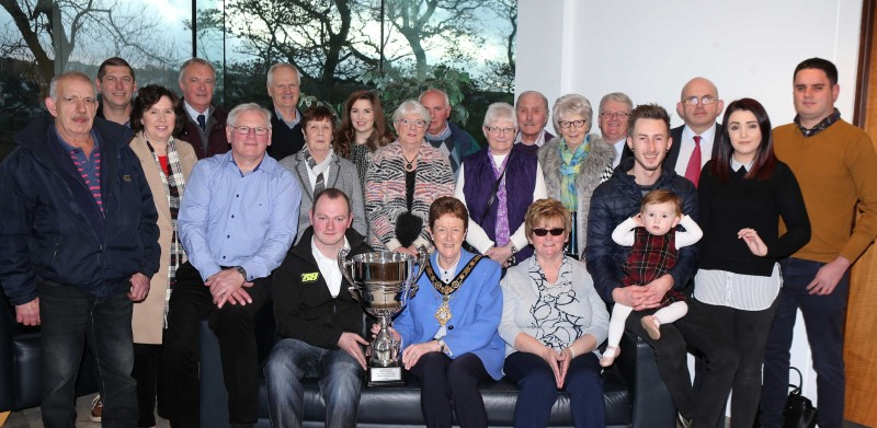 World Banger Car Champion Steven Bolton pictured with friends and family at a recent reception hosted by the Mayor of Causeway Coast and Glens Borough Council to mark his success.