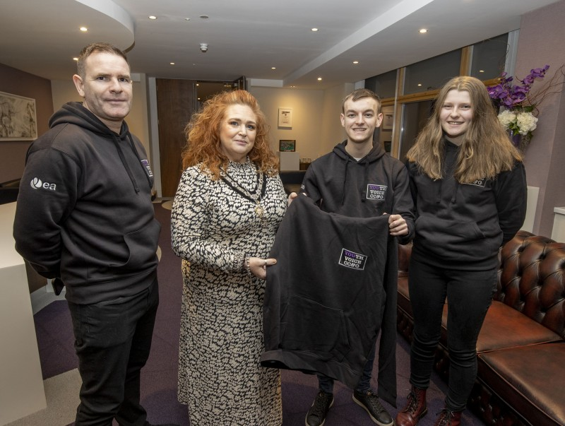 The Deputy Mayor of Causeway Coast and Glens Borough Council Councillor Ashleen Schenning pictured in Cloonavin with Chris Nicol from the Education Authority’s Youth Service, Daniel Devenney and Hannah Ruth Mullan