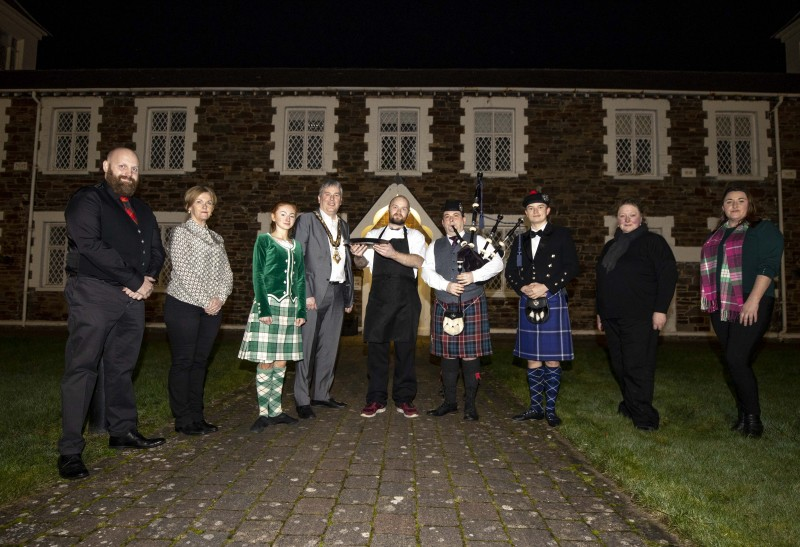 Pictured with dancers from Sollus Highland Dancers at the evening of music, dance and poetry celebrating Robert Burns in Limavady are Matthew Warwick from the Ulster Scots Community Network, Wendy McAleese from Limavady Community Development Initiative, chef Curtis McDaid, Ulster Scots poet and writer Anne McMaster, piper Darren Milligan and Bebhinn McKinley from Causeway Cost and Glens Borough Council’s Good Relations team.