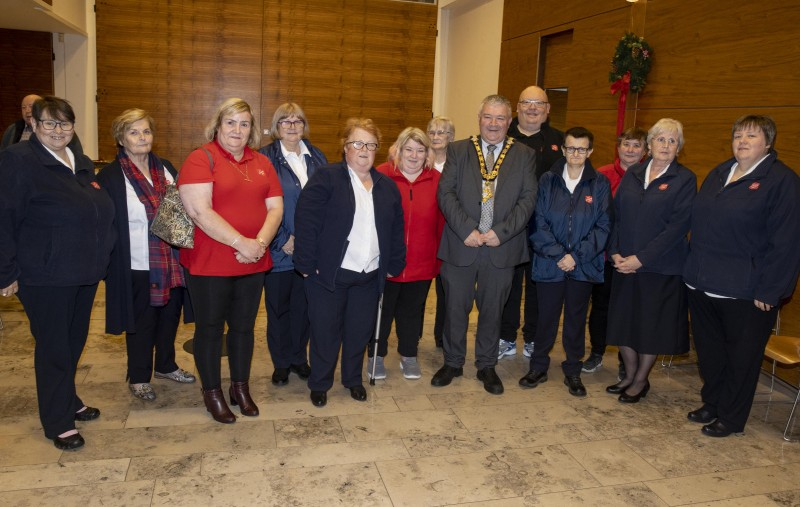 The Mayor of Causeway Coast and Glens Borough Council, Councillor Ivor Wallace pictured alongside the Ballymoney Salvation Army team at recent reception held in Cloonavin.