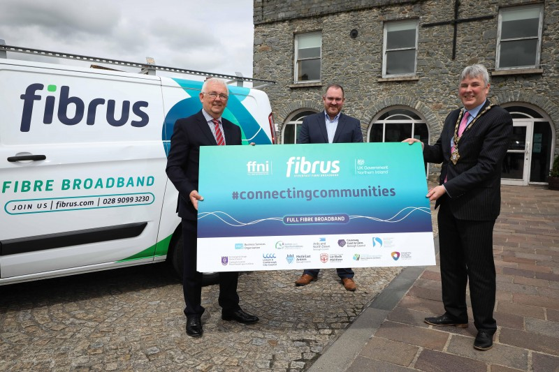 DCMS Project Director, Billy McClean, Fibrus Chief Executive Dominic Kearns and Mayor of Causeway, Coast and Glens Borough Council, Councillor Richard Holmes