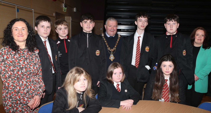 Limavady High School pupils pictured with their teacher Valerie McGregor, Causeway Coast and Glens Borough Council Economic Development Officer Joanne McLaughlin and the Mayor, Councillor Ivor Wallace.