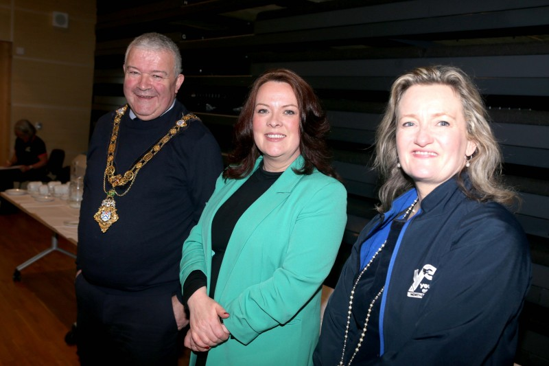 The Mayor of Causeway Coast and Glens Borough Council, Councillor Ivor Wallace, Economic Development Officer Joanne McLaughlin and Carol Fitzsimons, CEO of Enterprise NI pictured at the Digital School final.