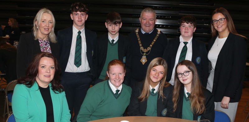 Pupils from St Patrick’s College Dungiven with Causeway Coast and Glens Borough Council Economic Development Officer Joanne McLaughlin, the Mayor, Councillor Ivor Wallace, and teachers Laoiseach Cassidy and Lilly Mullan.