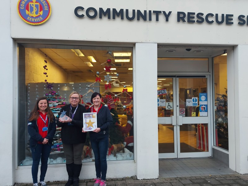 Hazel Gallagher, Marie Steele & Karen Browne from the Community Rescue Service shop, winners of the Best Dressed Christmas Window in Coleraine.