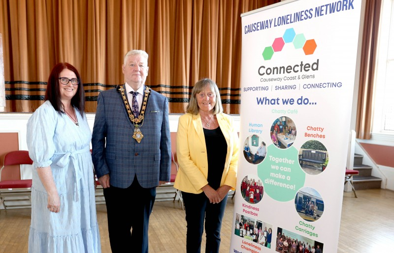 Thelma Dillon, Chair of Causeway Loneliness Network pictured with the Mayor of Causeway Coast and Glens Borough Council Councillor Steven Callaghan and  Dr Anne-Marie Doherty, Northern Trusts Health and Wellbeing Locality Lead (Causeway)