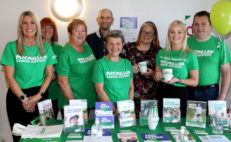 Pictured at Council’s Macmillan Coffee Morning, Catherine King, Melanie Orr, Clare Robertson, Ray McCrea, Jenny Maginn, MLA Sian Mulholland, Jodie McAneaney, Simon Moore.