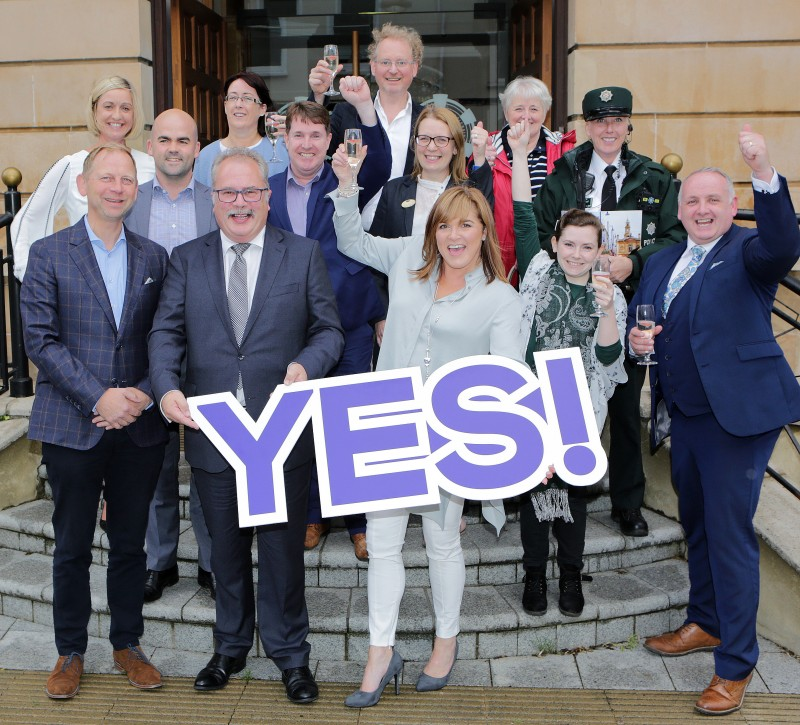 Members of Coleraine’s BID Task Group including Chairperson Ian Donaghey, Julienne Elliott, Causeway Coast and Glens Borough Council and Coleraine BID Manager Jamie Hamill celebrate the successful ballot.