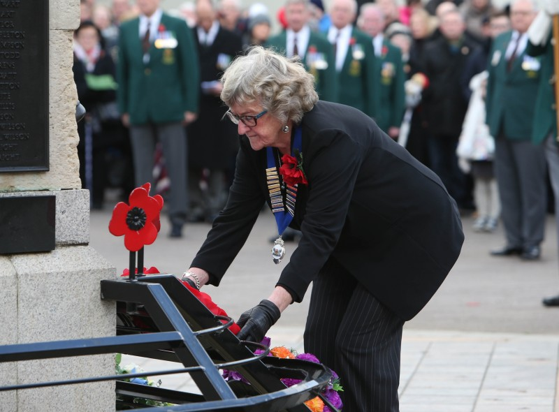 The High Sheriff of County Londonderry, Mrs Jean Caulfield MBE pictured as she lays a wreath during the Act of Remembrance at The War Memorial in Coleraine.