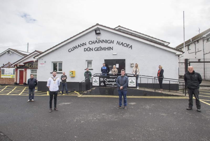 The Mayor of Causeway Coast and Glens Borough Council Councillor Sean Bateson pictured with local volunteers at St Canice’s GAC in Dungiven who have been involved with the community response to COVID-19.