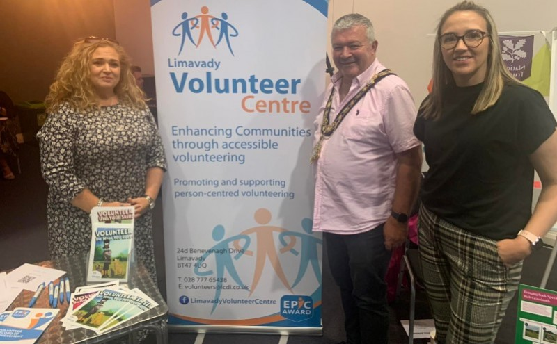 The Mayor of Causeway Coast and Glens Borough Council Councillor Ivor Wallace pictured at the Our Space Our Voice conference in Coleraine with Ashleen Schenning and Ciara McNickle.