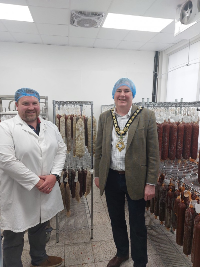 The Mayor of Causeway Coast and Glens Borough Council Councillor Richard Holmes pictured during his visit to Corndale Farm with owner Alastair Crown.
