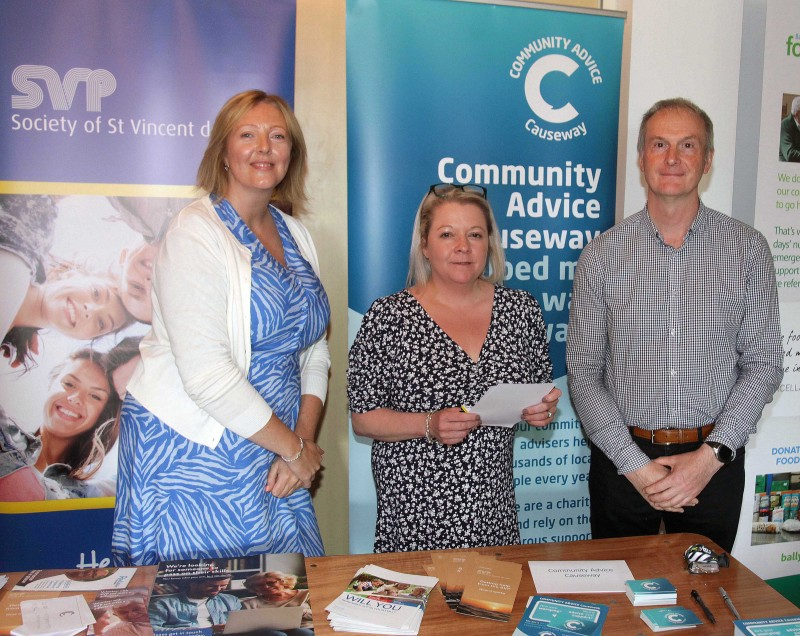 (l to r) Samantha Boswell and Jenny Kennedy, Community Advice Causeway speaking with Tommy Linton, Start 360.