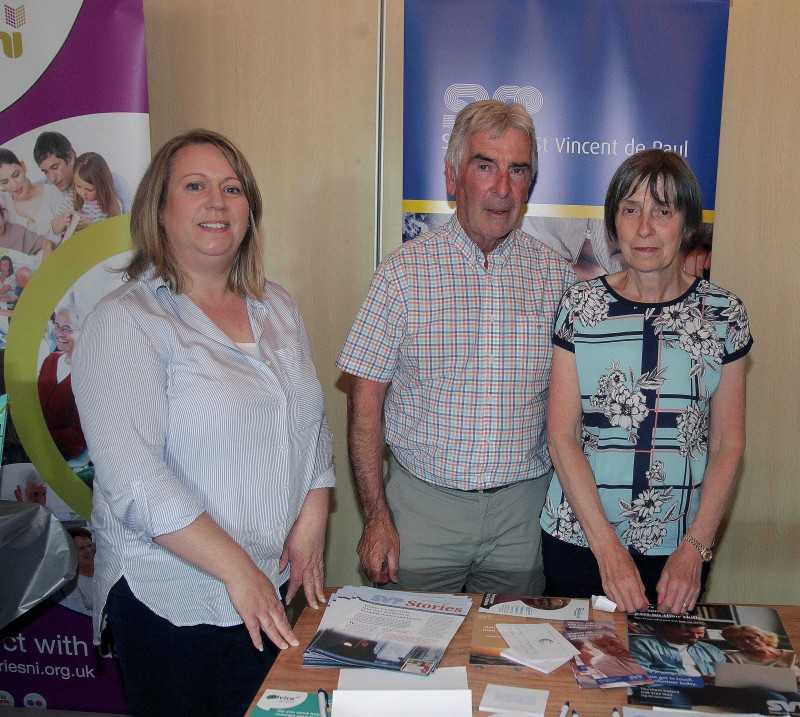 Collette Martin and Aidan Martin from St John’s Conference Saint Vincent DePaul, Coleraine talking with Louise Scullion, Community Development Manager, CCGBC.