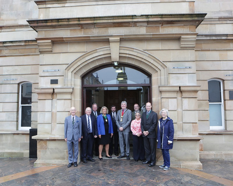 Pictured at the official handover of Coleraine Town Hall are Jeremy Simons, Alderman Norman Hillis, Henry Pollard, Wendy Hyde, Alderman George Duddy, Mayor of Causeway Coast and Glens Borough Council Councillor Richard Holmes, Edward Lord, Vivienne Littlechild, Edward Montgomery and Alderman Yvonne Boyle.