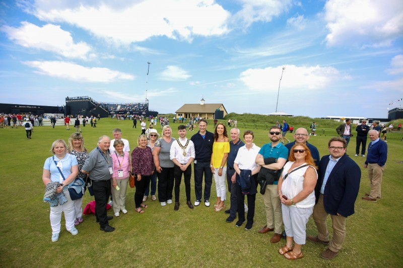 The Mayor of Causeway Coast and Glens Borough Council, Councillor Sean Bateson pictured with elected members from Causeway Coast and Glens Borough Council, NILGA representatives and Johnnie Cole-Hamilton, Executive Director – Championships at The R&A at The 148th Open at Royal Portrush.