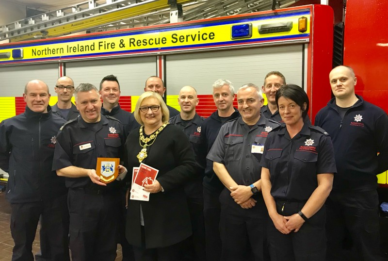 The Mayor of Causeway Coast and Glens Borough Council, Councillor Brenda Chivers pictured with fire fighters at Dungiven Fire Station.